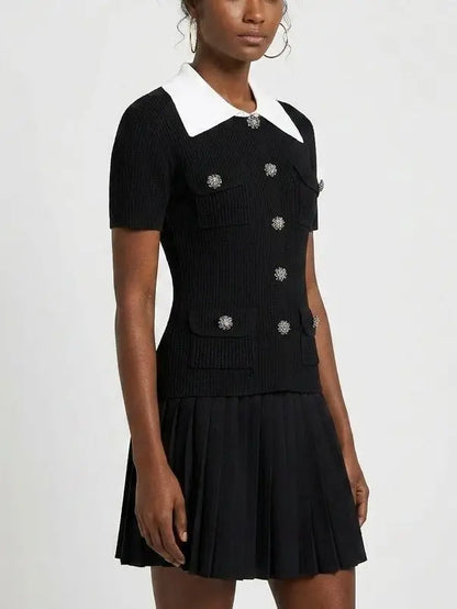 Black Contrast-Collar Knit Top and Pleated Mini Skirt Set - Suits & Sets