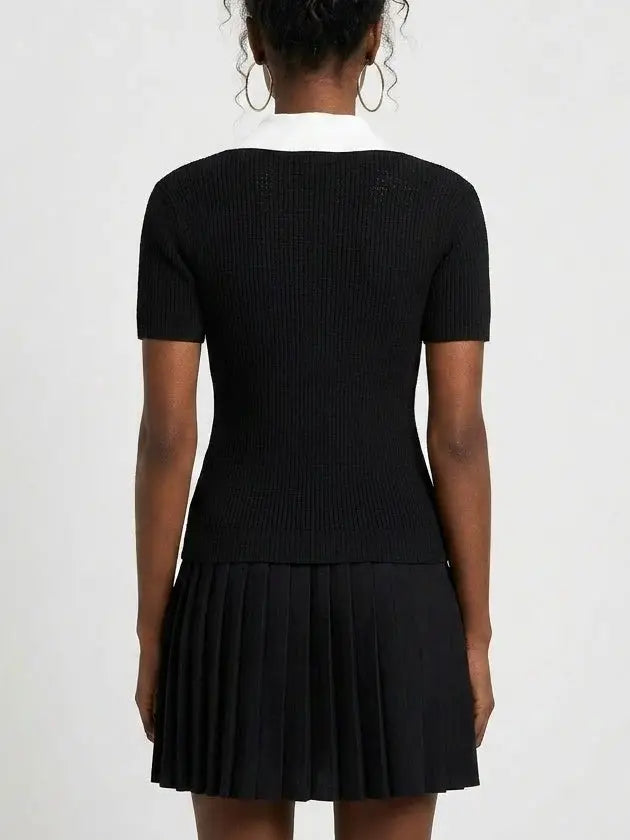 Black Contrast-Collar Knit Top and Pleated Mini Skirt Set - Suits & Sets