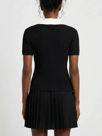 Black Contrast-Collar Knit Top and Pleated Mini Skirt Set - Suits & Sets