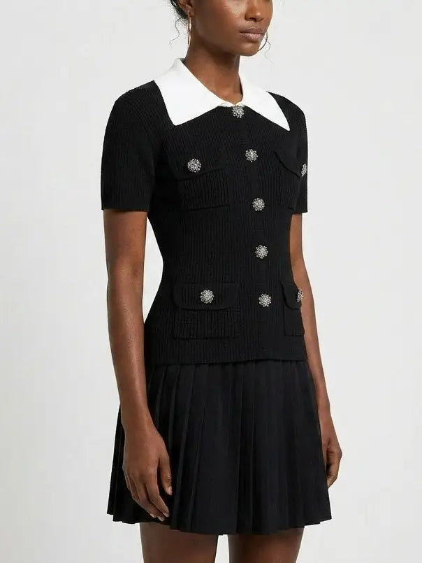 Black Contrast-Collar Knit Top and Pleated Mini Skirt Set - Suits & Sets