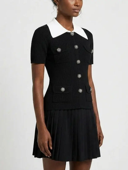 Black Contrast-Collar Knit Top and Pleated Mini Skirt Set - Suits & Sets