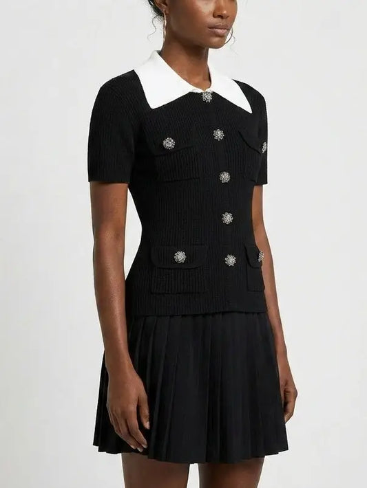 Black Contrast-Collar Knit Top and Pleated Mini Skirt Set - Suits & Sets