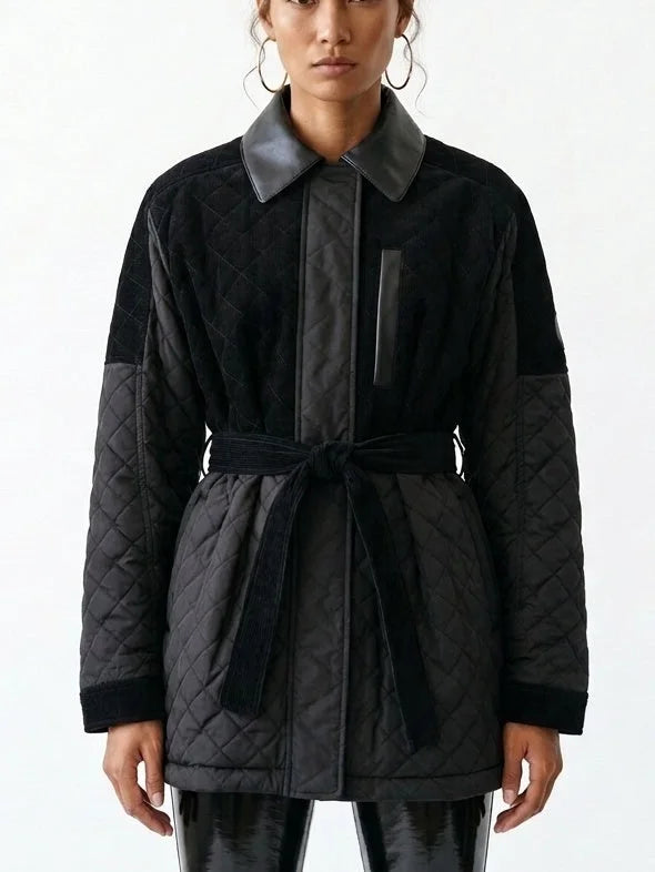 Black Corduroy Quilted Jacket with Leather Trim - Jackets