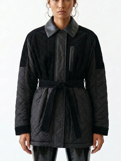 Black Corduroy Quilted Jacket with Leather Trim - Jackets