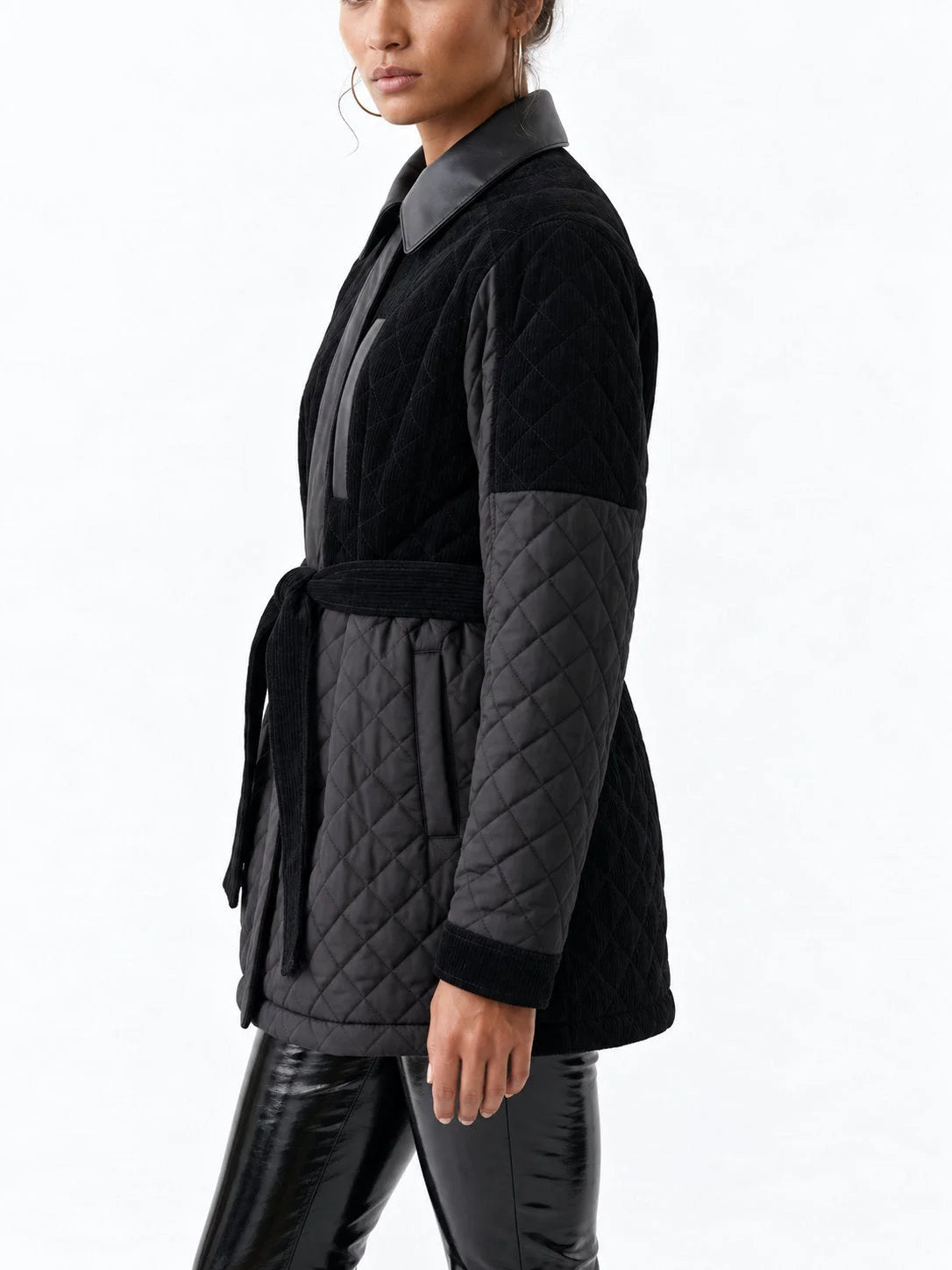 Black Corduroy Quilted Jacket with Leather Trim - Jackets