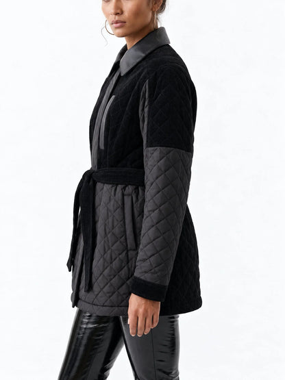 Black Corduroy Quilted Jacket with Leather Trim - Jackets