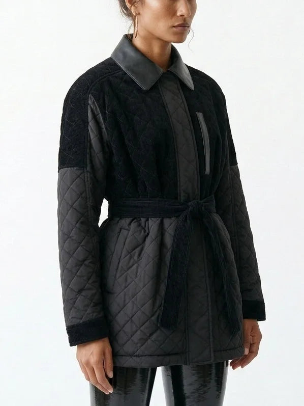 Black Corduroy Quilted Jacket with Leather Trim - Jackets