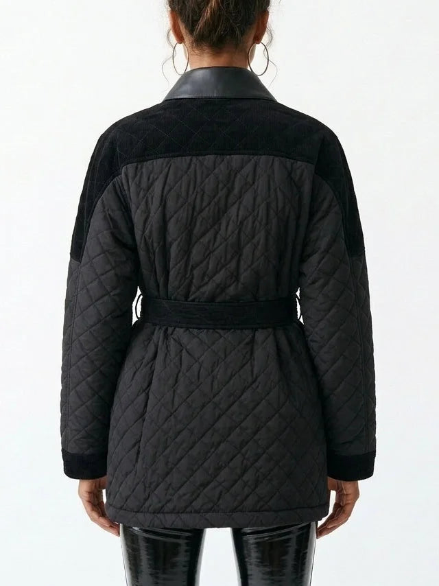 Black Corduroy Quilted Jacket with Leather Trim - Jackets