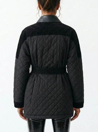 Black Corduroy Quilted Jacket with Leather Trim - Jackets