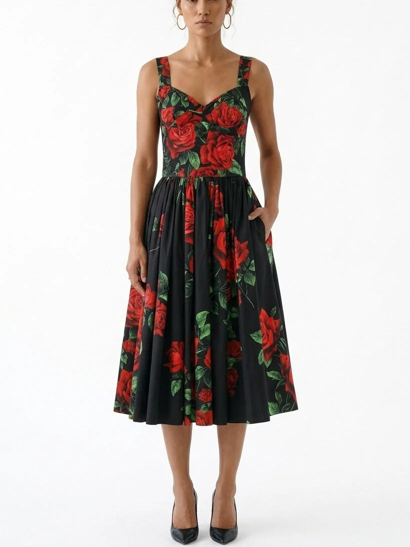 Black Cotton Rose Print Fit and Flare Midi Dress - Dresses