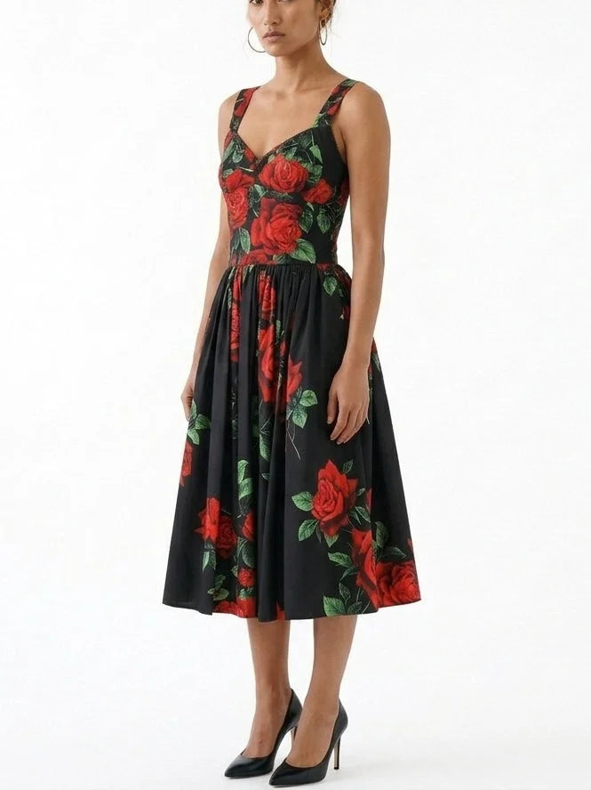 Black Cotton Rose Print Fit and Flare Midi Dress - Dresses