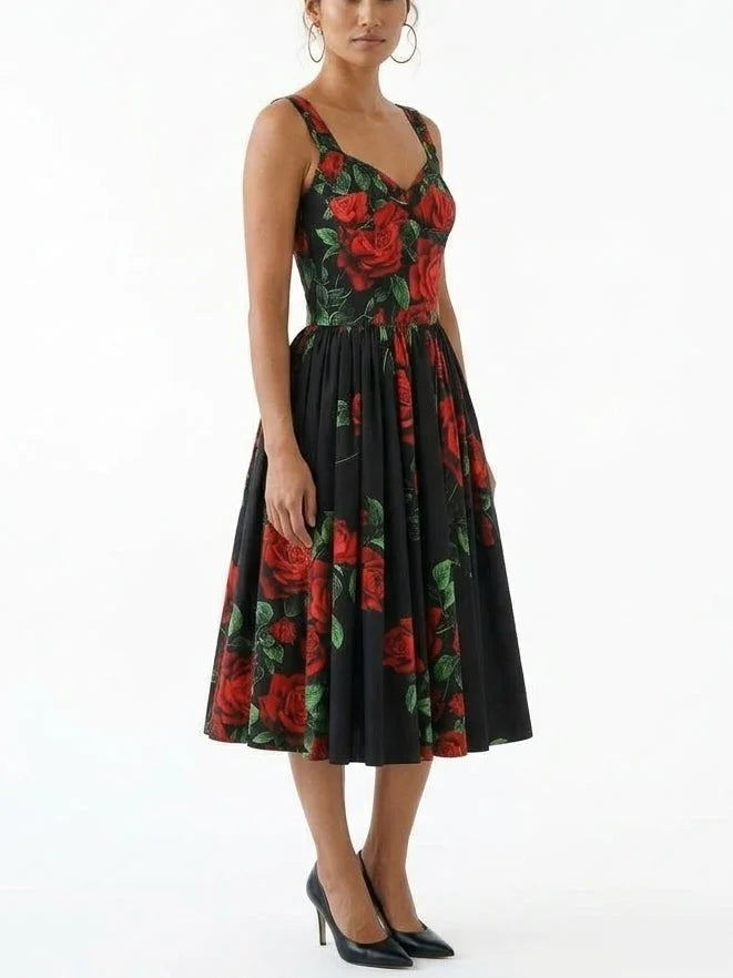 Black Cotton Rose Print Fit and Flare Midi Dress - Dresses