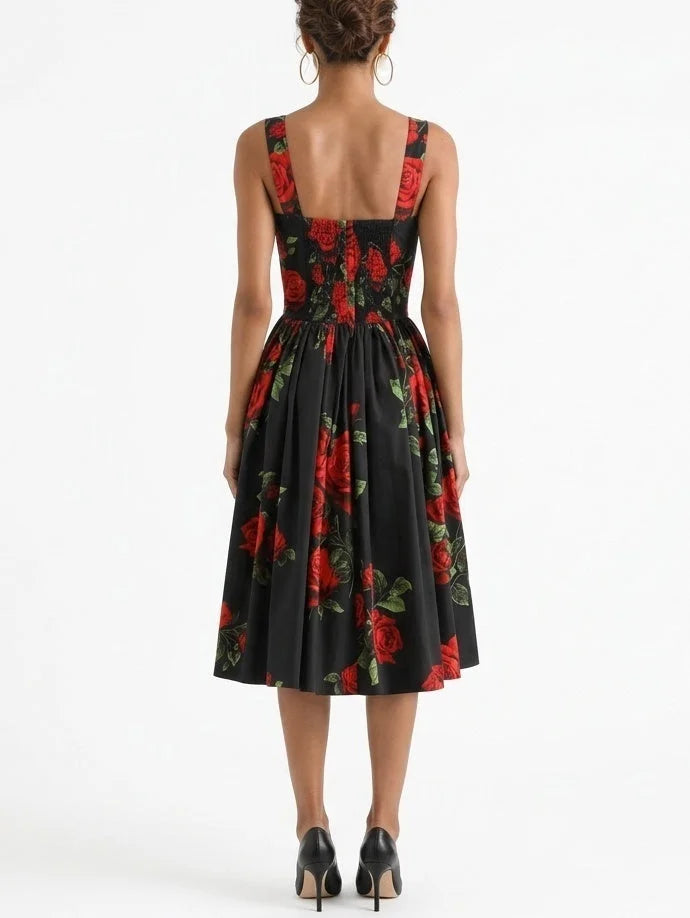 Black Cotton Rose Print Fit and Flare Midi Dress - Dresses
