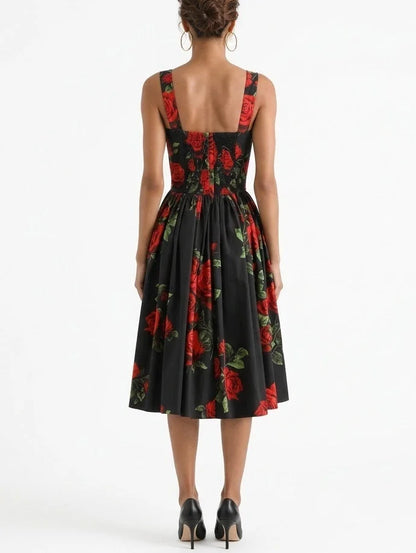 Black Cotton Rose Print Fit and Flare Midi Dress - Dresses