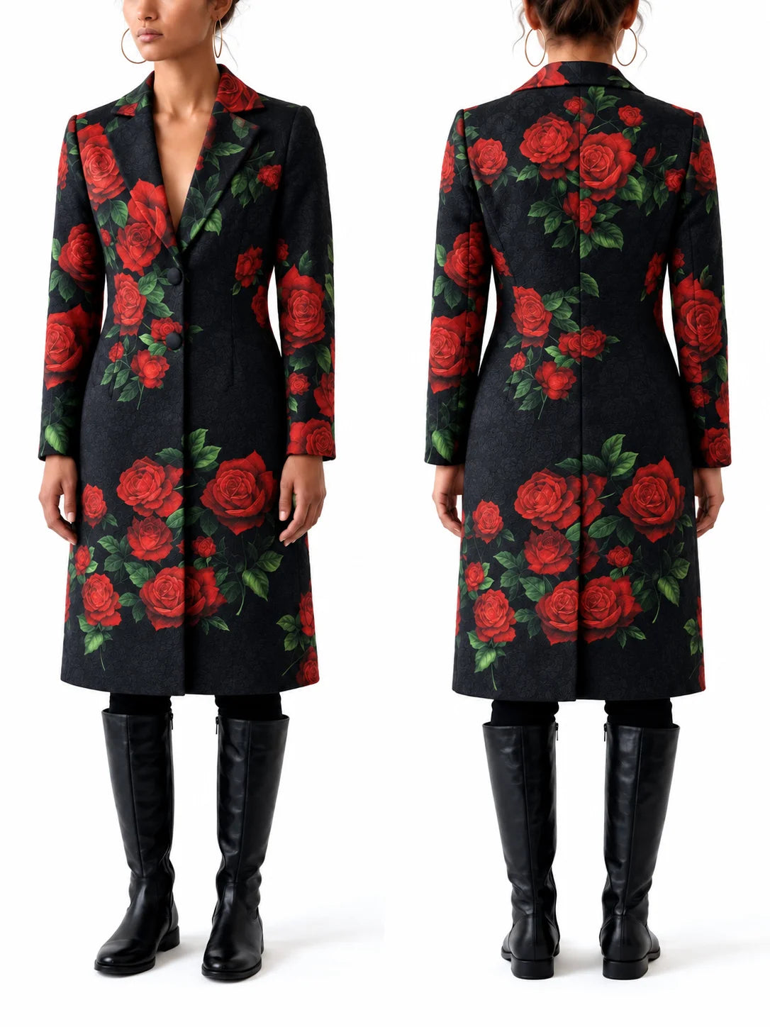 Black Cotton Trench Coat with Red Rose Print - Coats