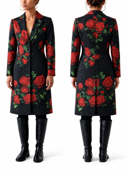 Black Cotton Trench Coat with Red Rose Print - Coats