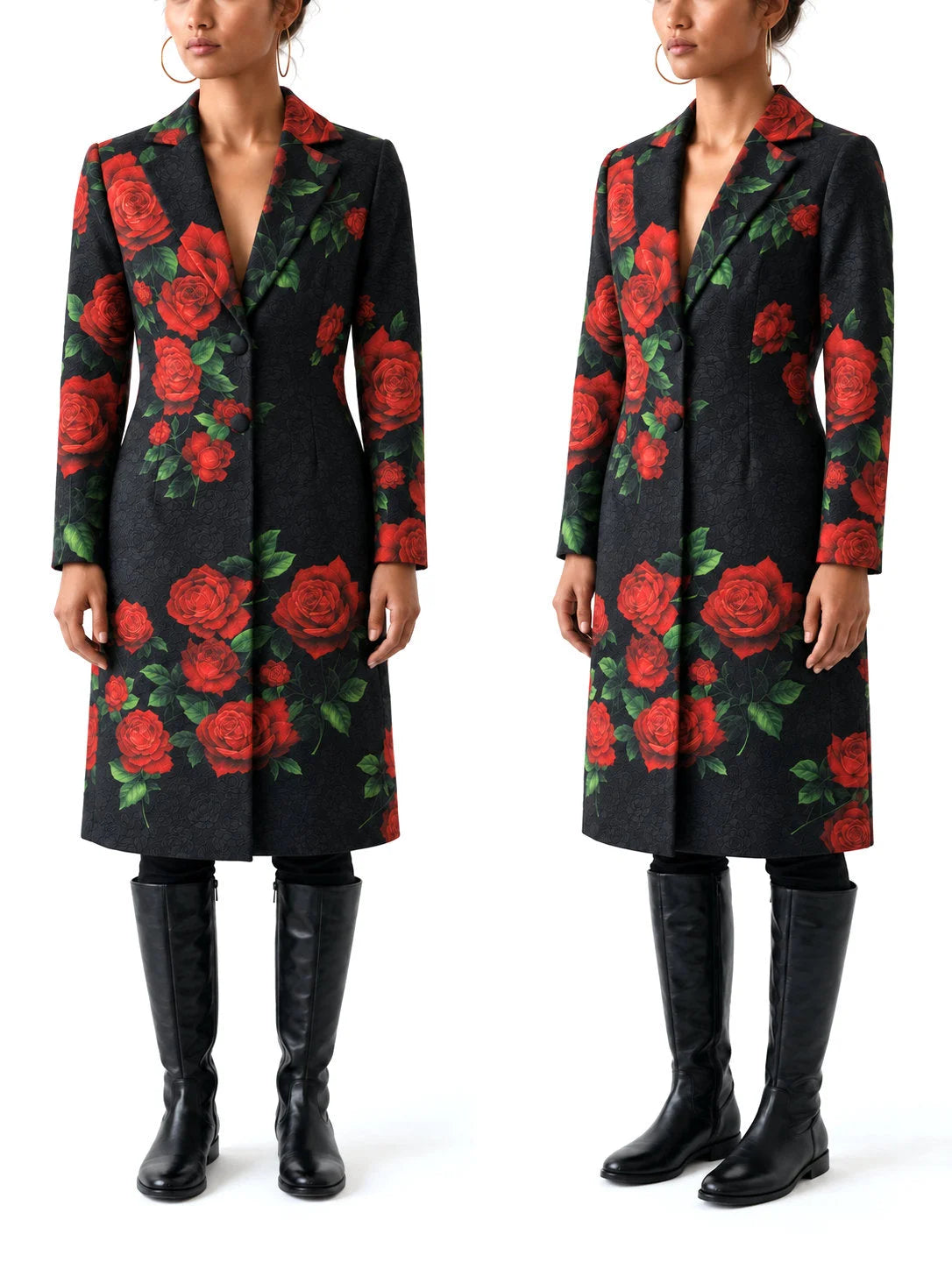 Black Cotton Trench Coat with Red Rose Print - Coats