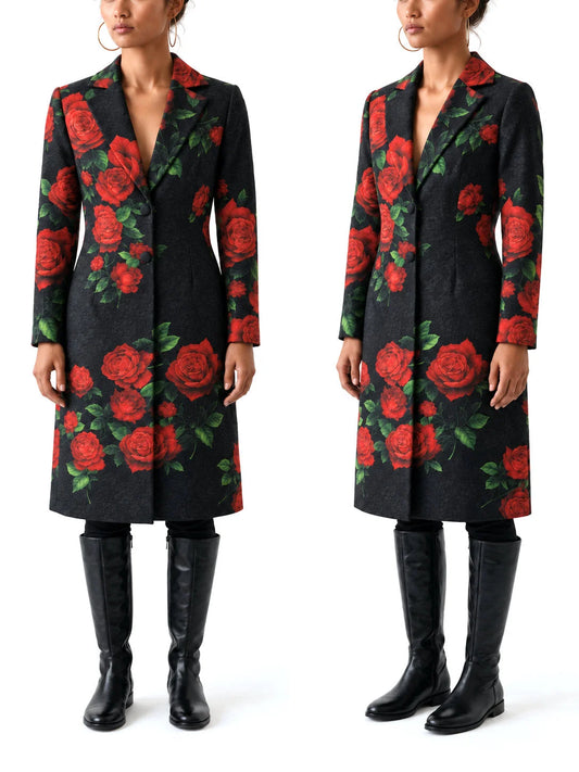 Black Cotton Trench Coat with Red Rose Print - Coats