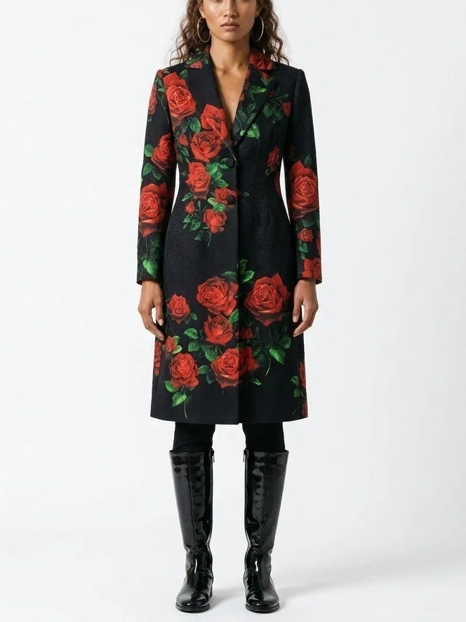 Black Cotton Trench Coat with Red Rose Print - Coats