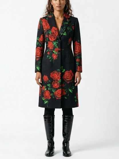 Black Cotton Trench Coat with Red Rose Print - Coats