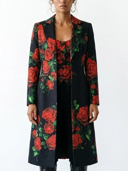Black Cotton Trench Coat with Red Rose Print - Coats