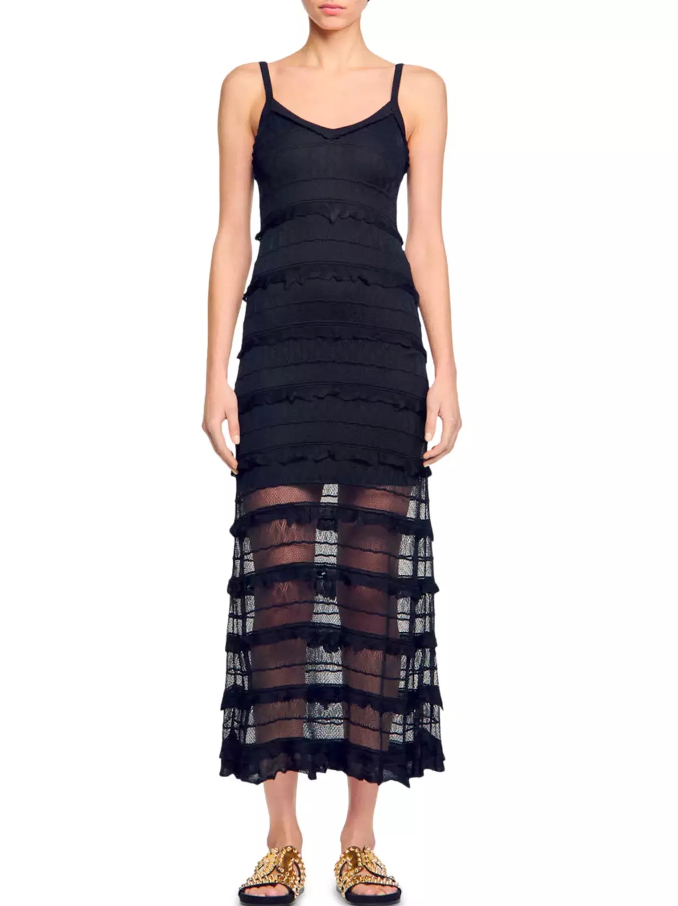 Black Crochet Long Knit Tiered Sleeveless Dress