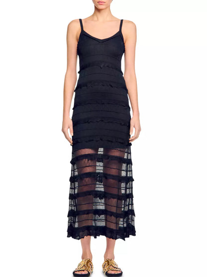 Black Crochet Long Knit Tiered Sleeveless Dress
