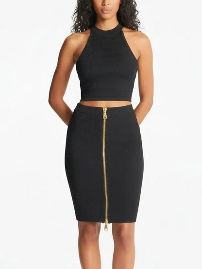 Black Crocodile Embossed Halter Top & Zip Skirt Set - Suits & Sets