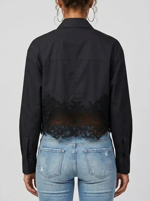 Black Cropped Cotton Shirt with Lace Embroidery - Tops