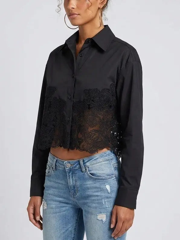 Black Cropped Cotton Shirt with Lace Embroidery - Tops