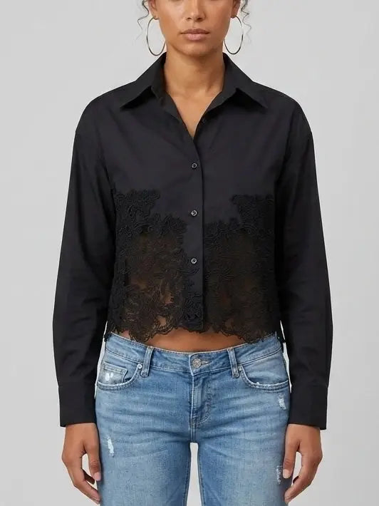 Black Cropped Cotton Shirt with Lace Embroidery - Tops