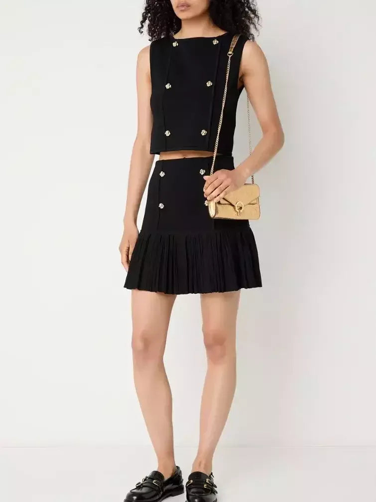 Black Cropped Knit Top and Skirt Set - Suits & Sets