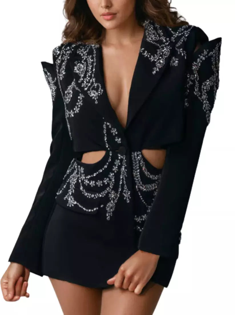 Black Crystal-Embellished Cutout Blazer Jacket