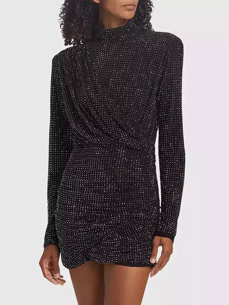 Black Crystal-Embellished Draped Jersey Mini Dress - Dresses