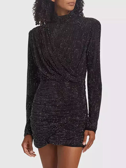 Black Crystal-Embellished Draped Jersey Mini Dress - Dresses