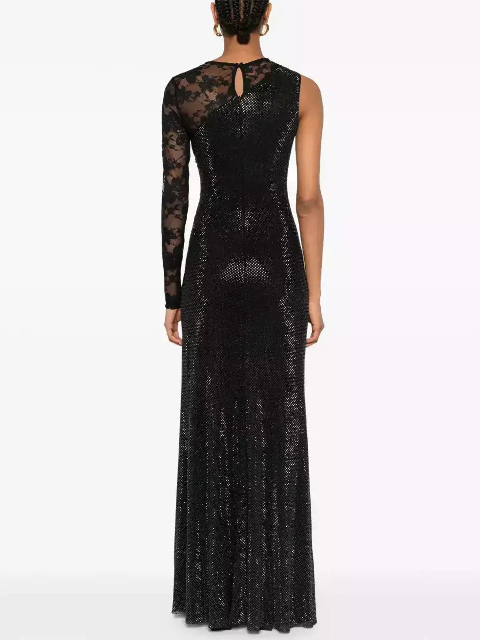 Black Crystal-Embellished Lace-Sleeve Maxi Dress - Dresses