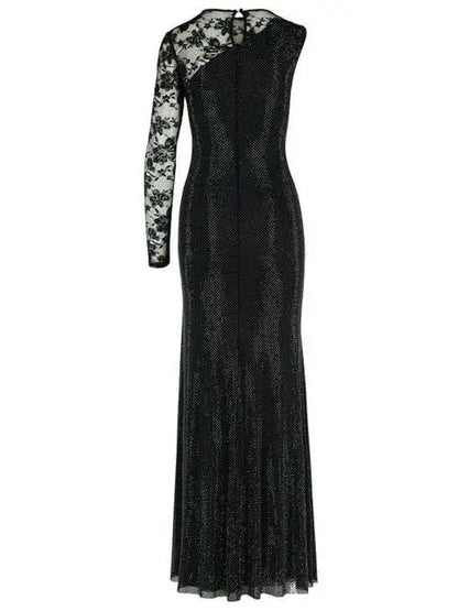 Black Crystal-Embellished Lace-Sleeve Maxi Dress - Dresses