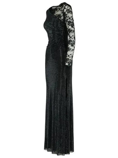 Black Crystal-Embellished Lace-Sleeve Maxi Dress - Dresses
