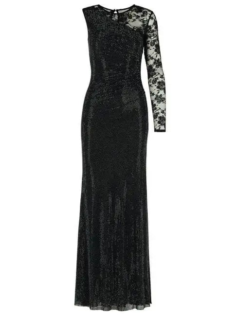 Black Crystal-Embellished Lace-Sleeve Maxi Dress - Dresses