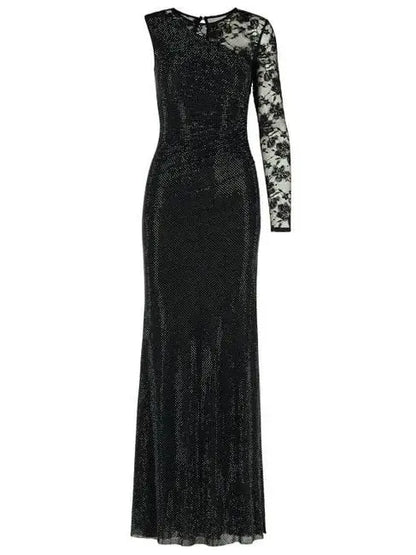 Black Crystal-Embellished Lace-Sleeve Maxi Dress - Dresses