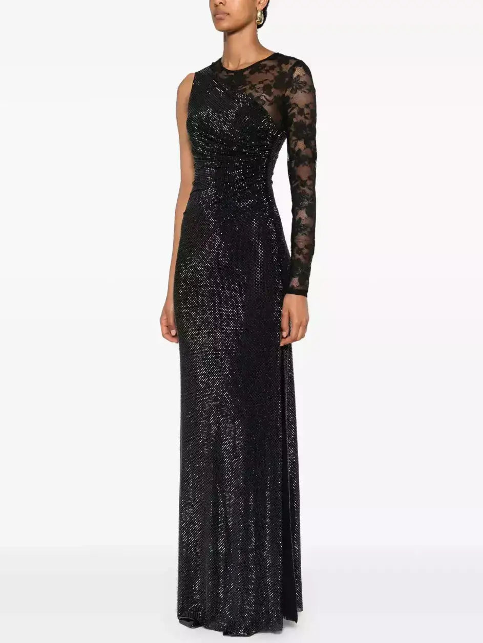 Black Crystal-Embellished Lace-Sleeve Maxi Dress - Dresses
