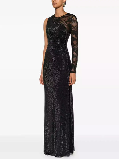 Black Crystal-Embellished Lace-Sleeve Maxi Dress - Dresses