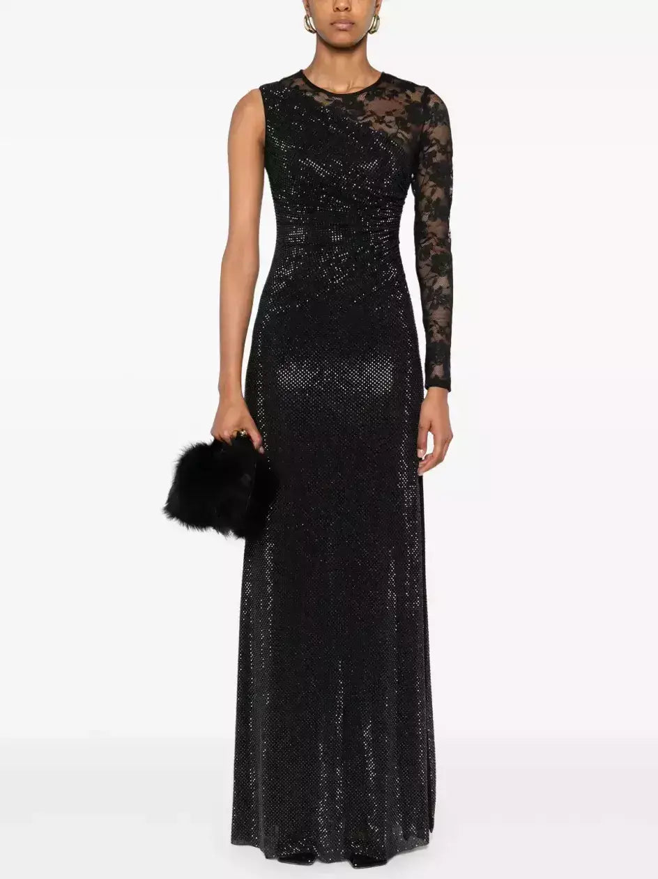 Black Crystal-Embellished Lace-Sleeve Maxi Dress - Dresses