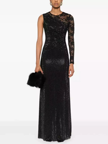 Black Crystal-Embellished Lace-Sleeve Maxi Dress - Dresses