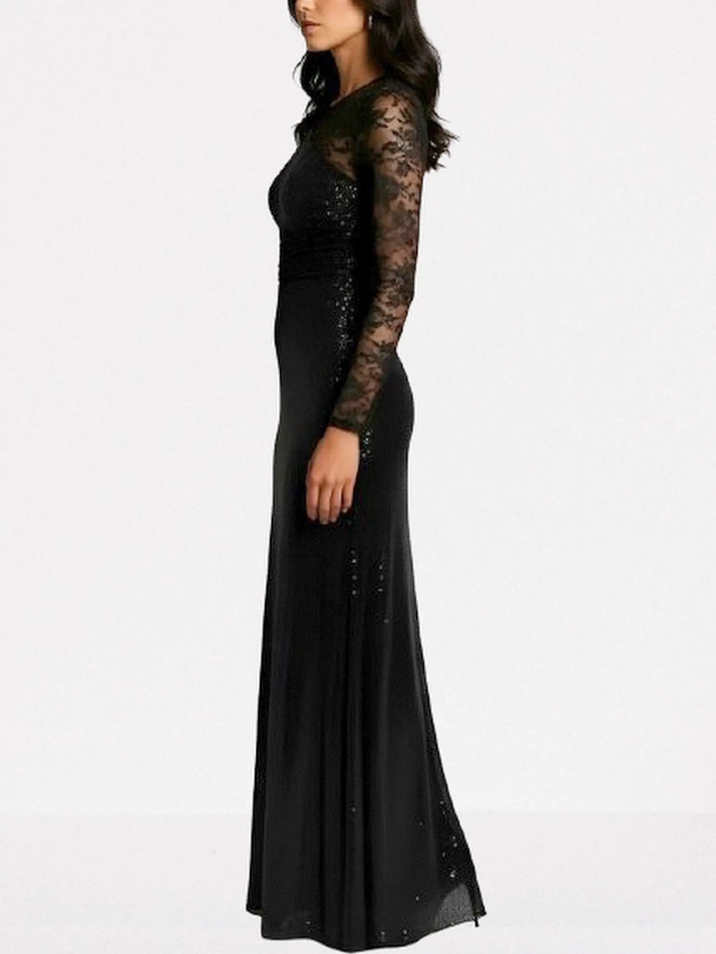 Black Crystal-Embellished Lace-Sleeve Maxi Dress - Dresses