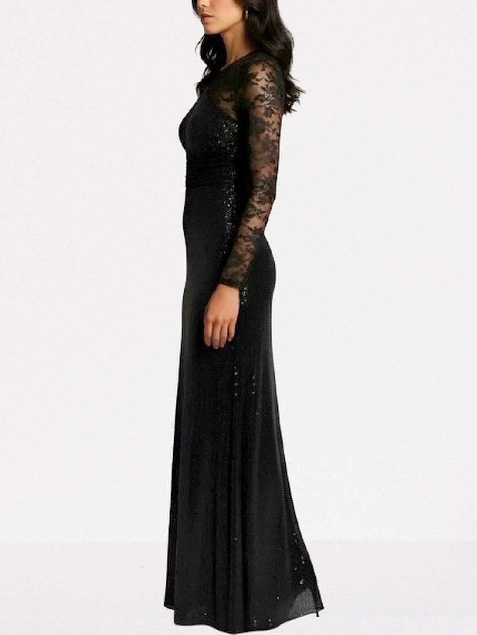 Black Crystal-Embellished Lace-Sleeve Maxi Dress - Dresses