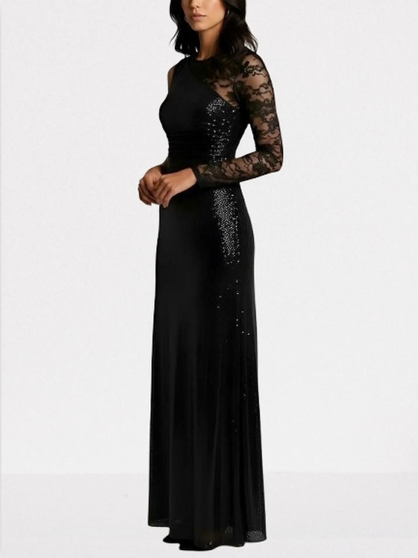Black Crystal-Embellished Lace-Sleeve Maxi Dress - Dresses