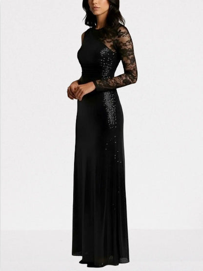 Black Crystal-Embellished Lace-Sleeve Maxi Dress - Dresses
