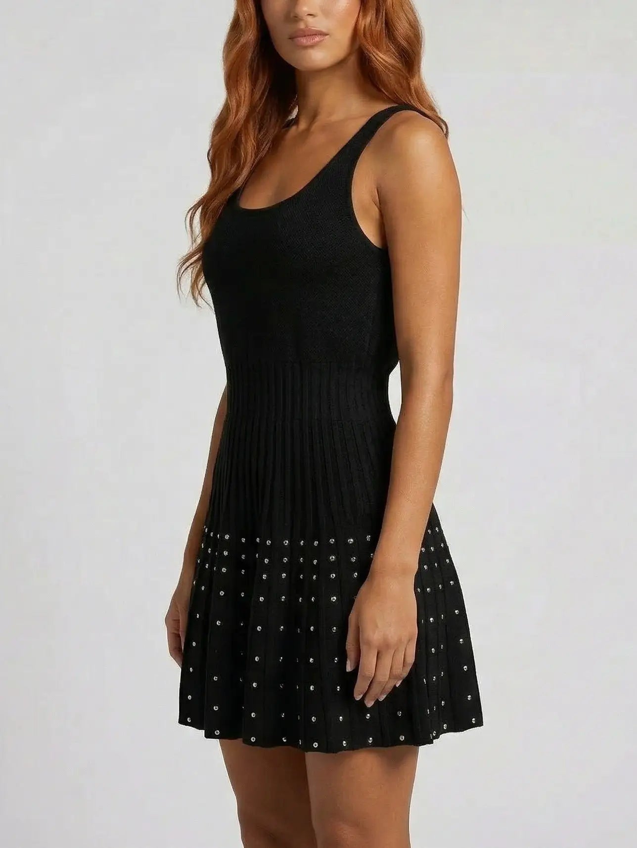 Black Crystal-Embellished Pleated Knit Mini Dress - Dresses