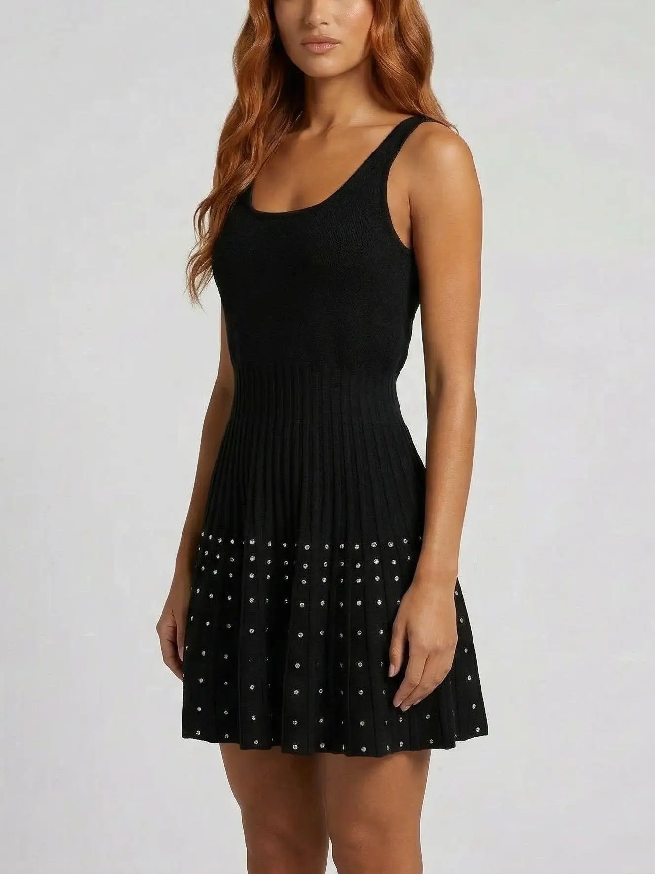 Black Crystal-Embellished Pleated Knit Mini Dress - Dresses